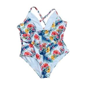 SHEIN Plus Size 4XL One Piece Bathing Suit Floral Tropical Gold Hardware Belt